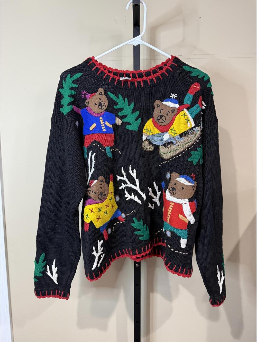 Winter Christmas Holiday Large Black Knit Sweater with Bear and Winter Motif